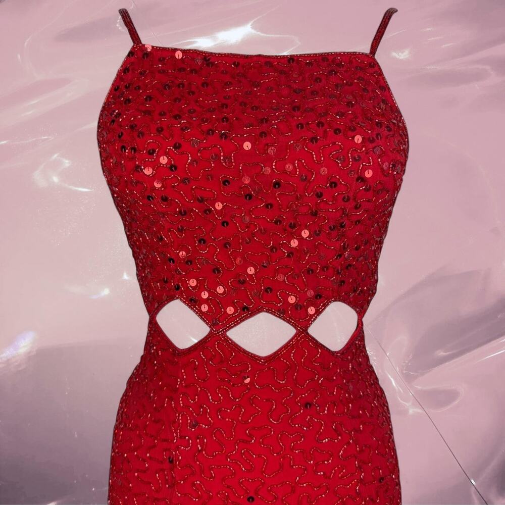 Vintage Y2K Silk Stunning Red Beaded Cutout Gown Prom Dress